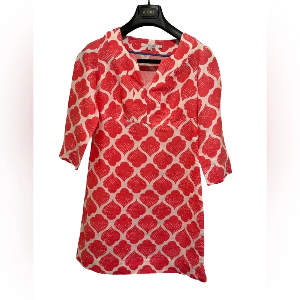 Boden EUC Size 2P Pretty Coral & White 3/4 Length Linen Mini Dress (0554) - Picture 4 of 14